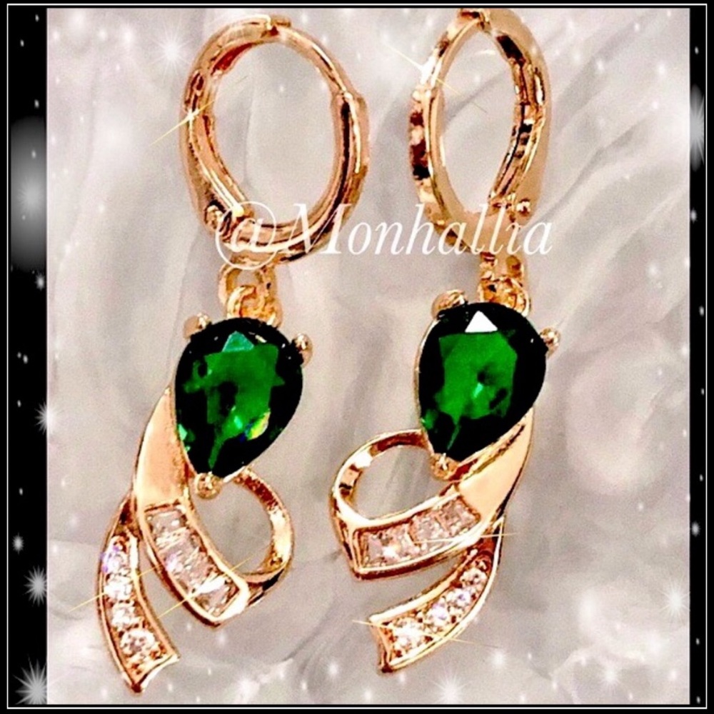 14k GOLD GREEN SIMULATED EMERALD WHITE SAPPHIRE BAGUETTE RIBBON EARRINGS
